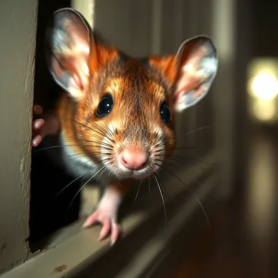 Mouse peeking through a gap in a home baseboard representing rodent and wildlife pest problems