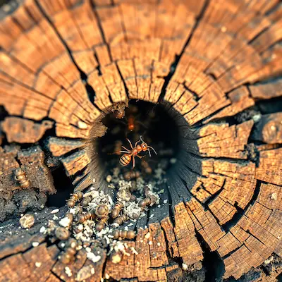 Close-up of wood damage caused by termites and carpenter ants tunneling through rotted lumber